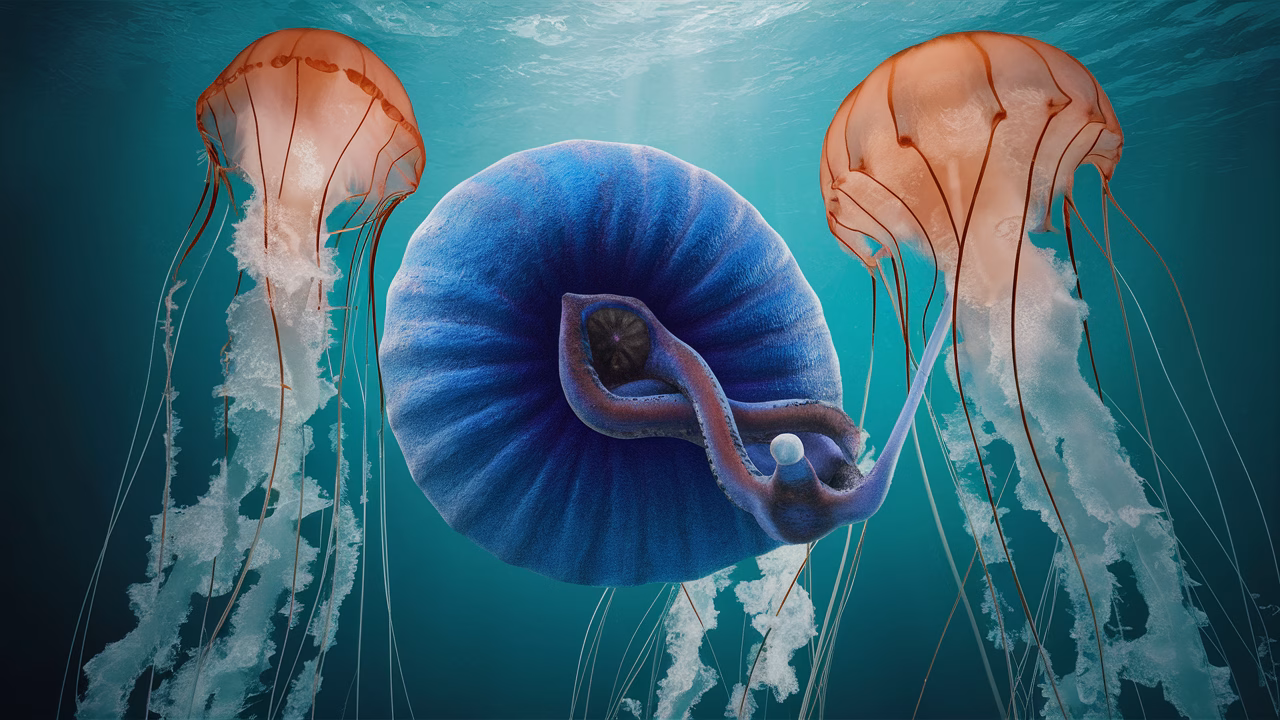 Blue glaucus floating upside down Blue glaucus floating upside down