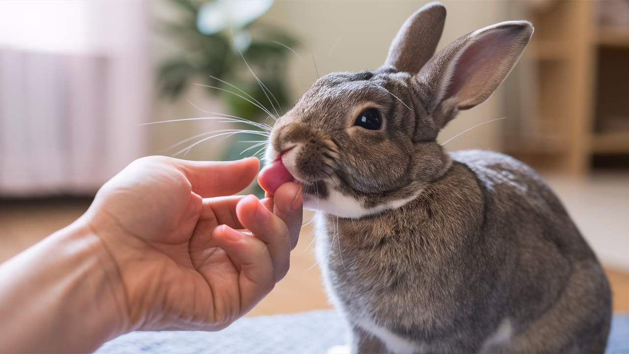 Bunny showing affection through licking Bunny licking pet owner's hand