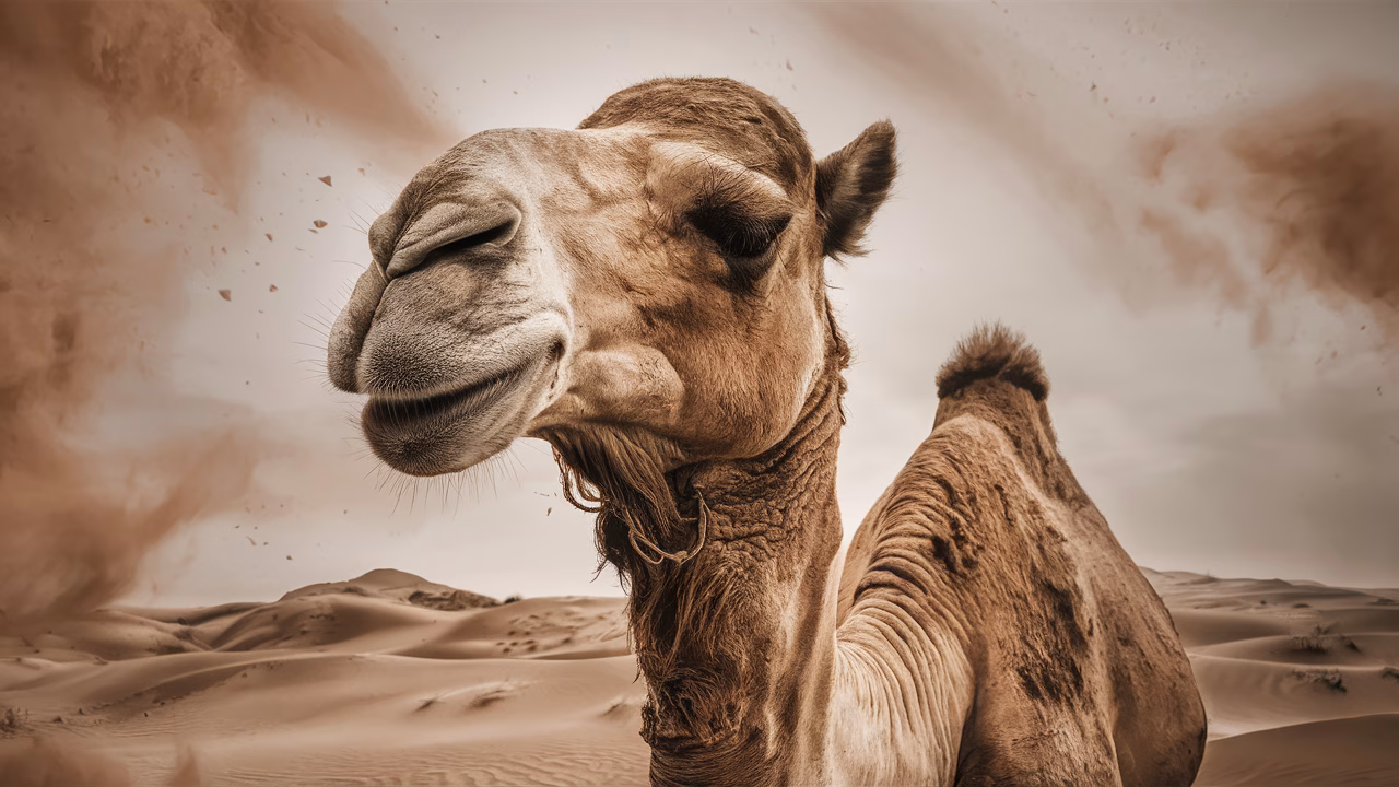 Camel uses nostril closure in desert condition Desert camel in sandstorm