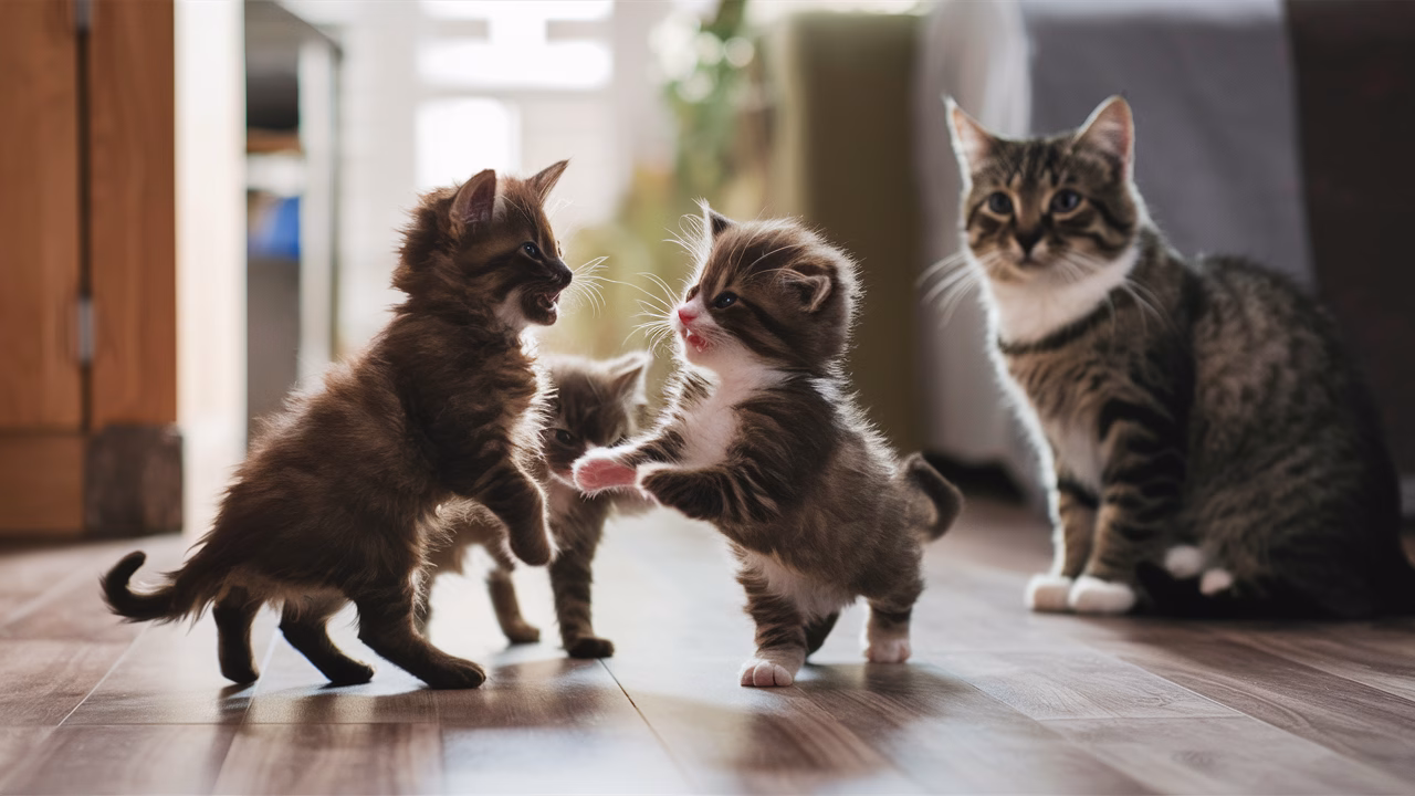 Age differences in cat zoomies Kittens running and older cat watching