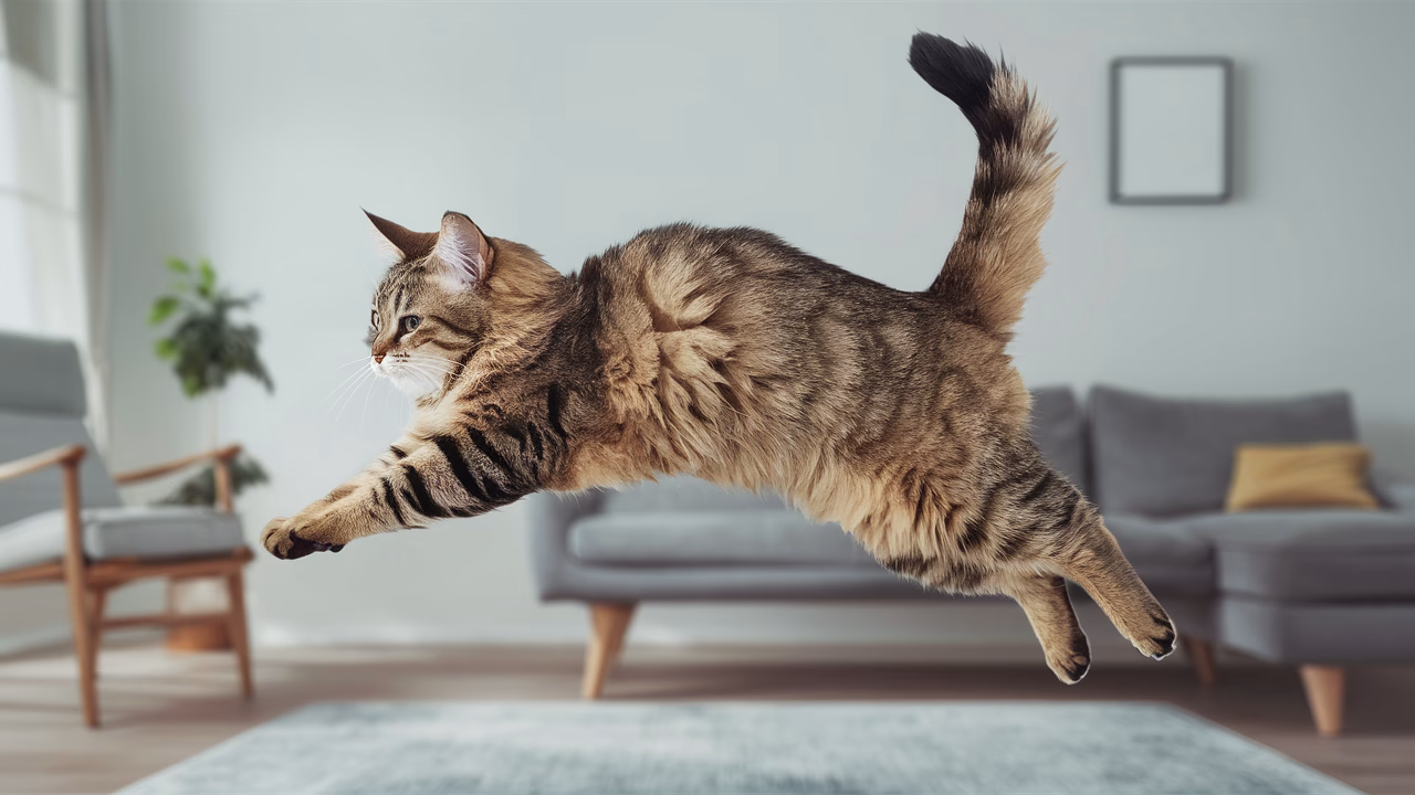 Cat puffing up Fluffy cat doing sideways hop