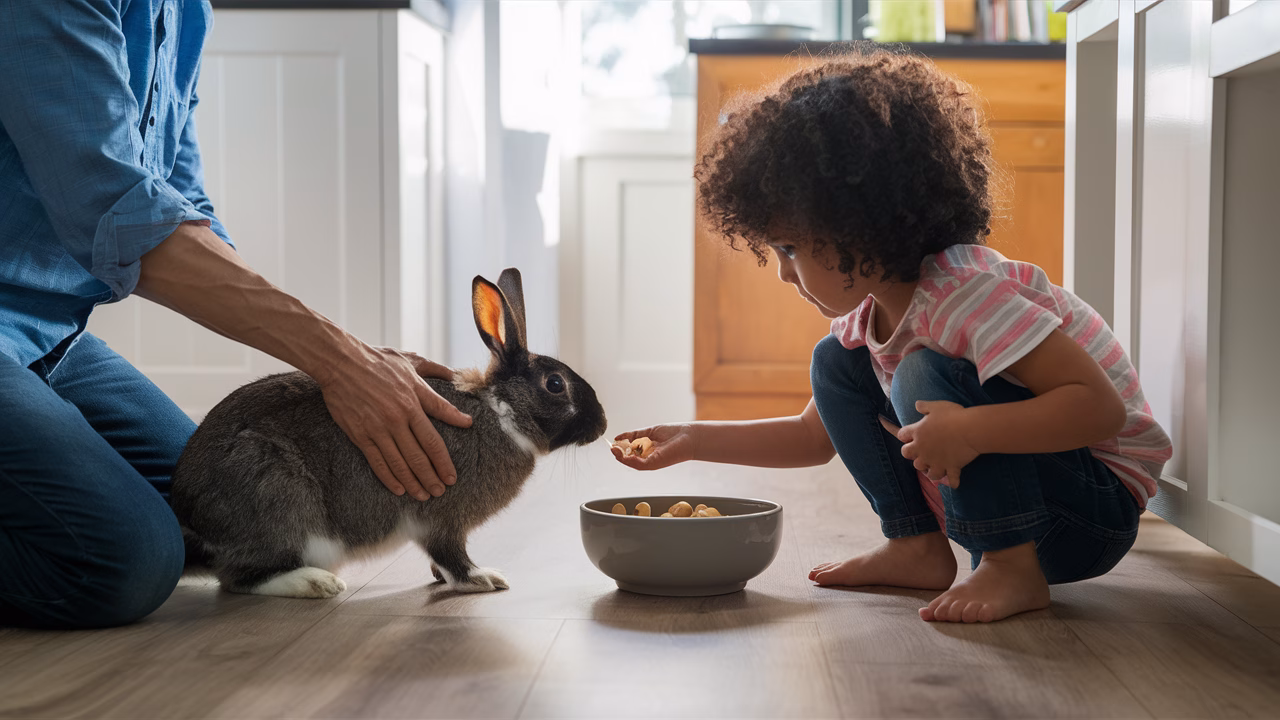 Feeding pet rabbits safely child feeding rabbit with adult help