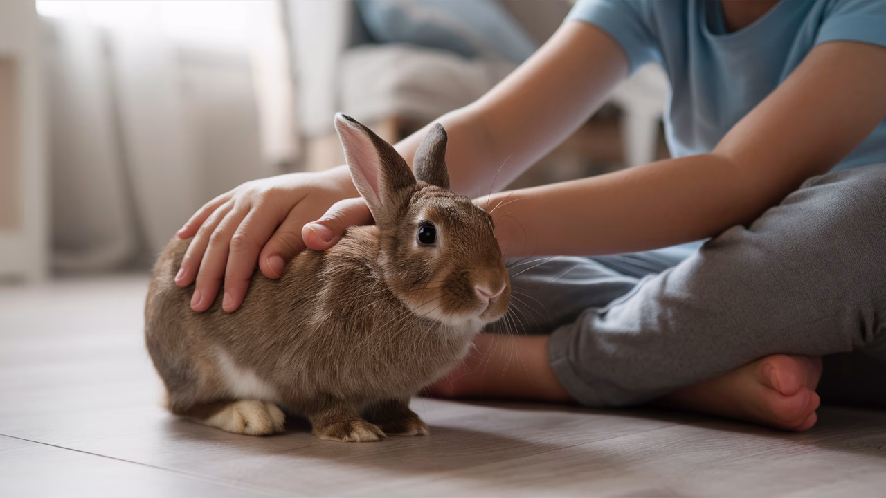 Child gently handling a rabbit child gently handling a rabbit