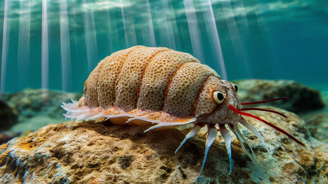 Chiton in ocean using aragonite eyes Chiton underwater with aragonite lenses on shell