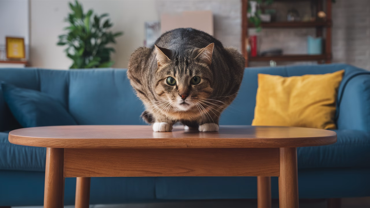 Overweight cat misjudging a leap Pet attempting to jump couch