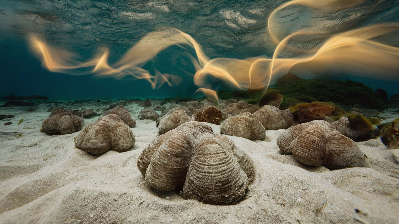 Clams in ever-changing ocean currents Clams and ocean currents interaction