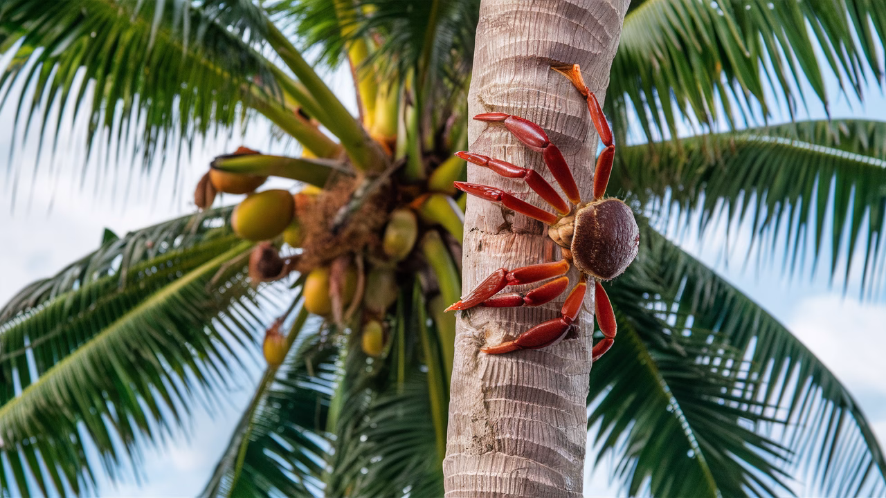 Coconut crab scaling a palm tree Coconut crab climbing a tree
