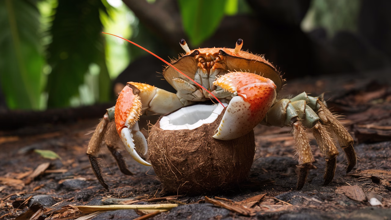 Giant coconut crab breaking a coconut Coconut crab cracking a coconut