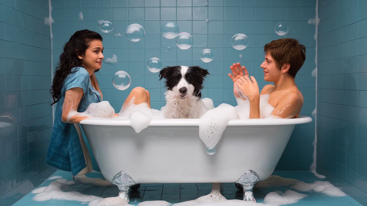 confused dog during bath
