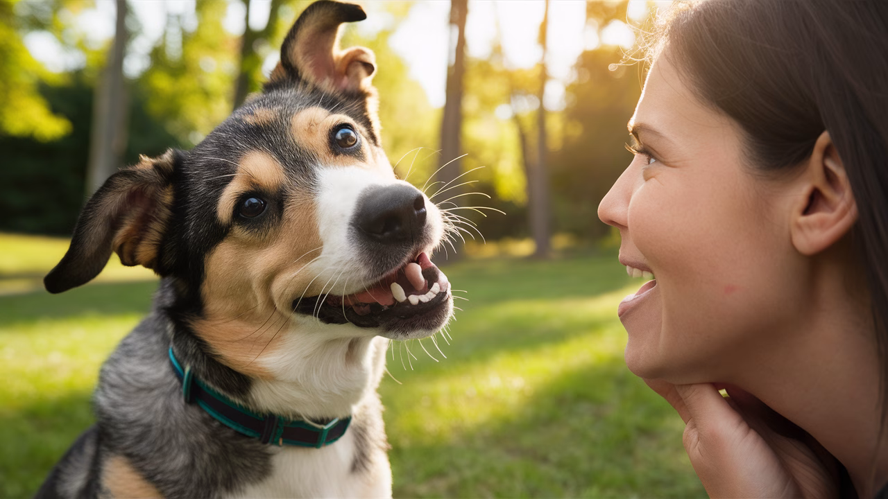 Dog tilting head responding to facial cues