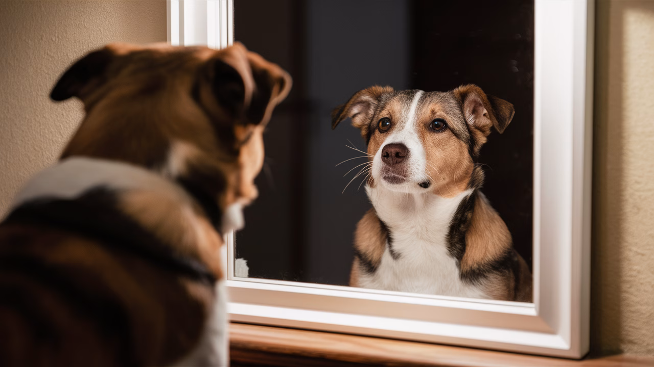 Dog fails mirror recognition test Dog staring at mirror