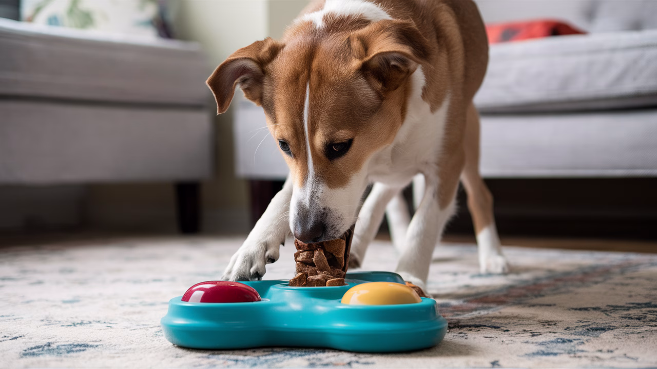 Dog solving interactive puzzle toy Dog using puzzle toy indoors