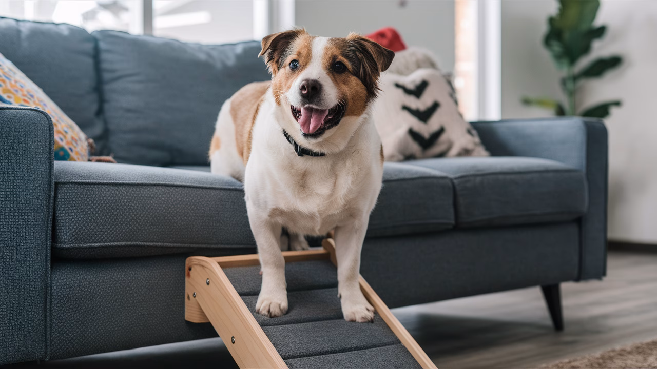 Pet using ramp to reach surface Dog using stairs safely