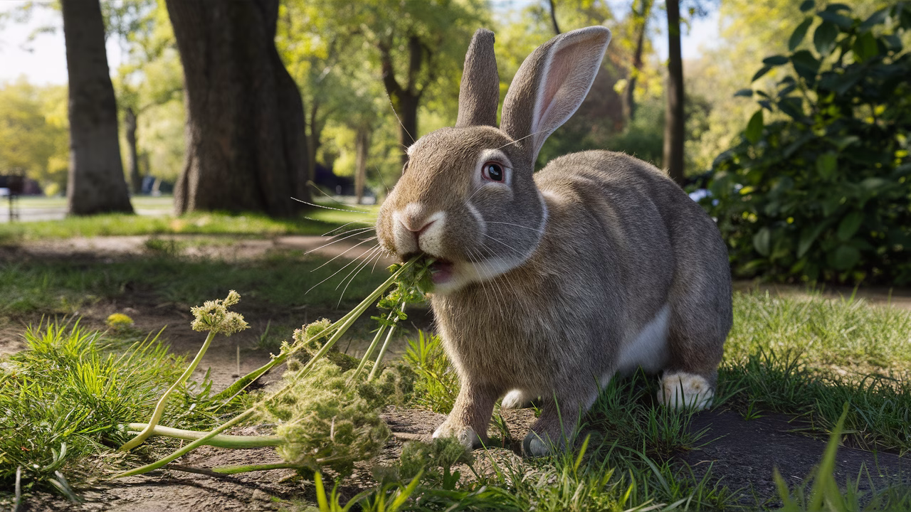 Domestic rabbit unsure of wild plants Domestic rabbit eating unfamiliar wild plant