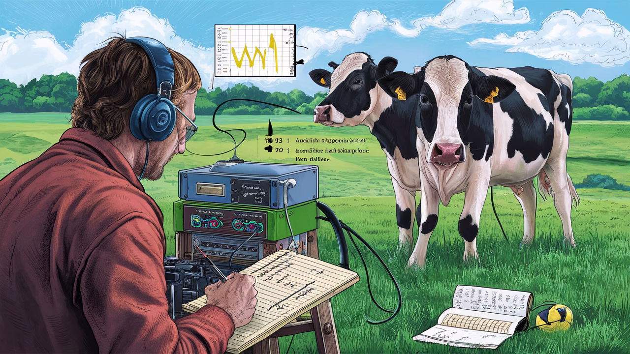 Recording and analyzing vocal patterns in cows Ethologist studying cow vocalizations