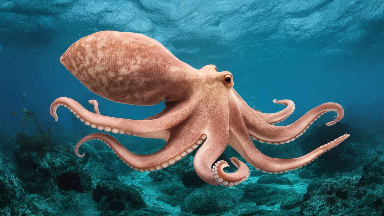 Giant Female Blanket Octopus Female blanket octopus floating in blue ocean