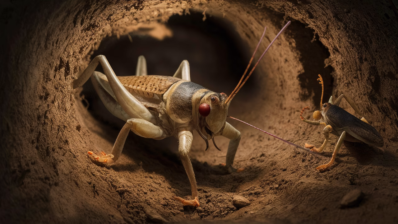 Female mole cricket approaching calling male
