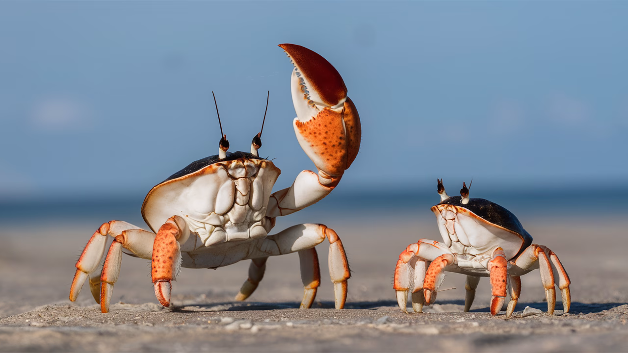 Crab raising its claw to send a mating signal Crab using claw to communicate