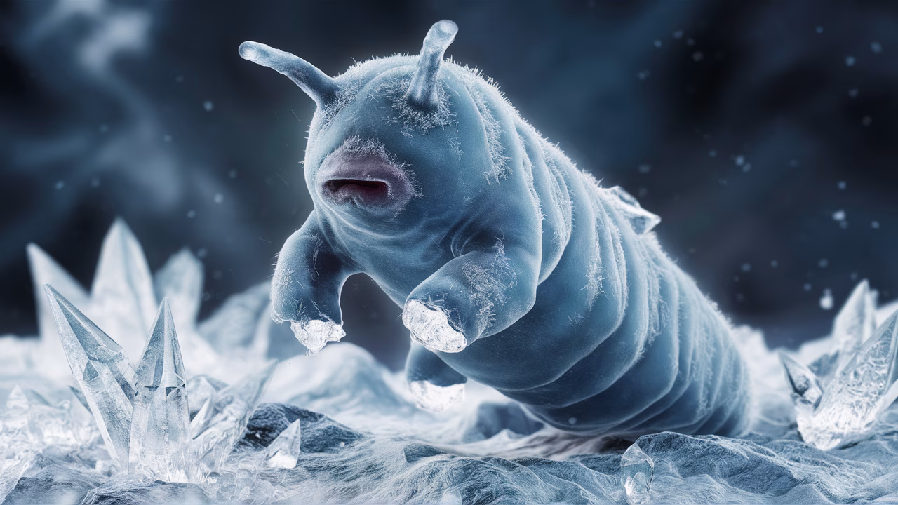 Frozen tardigrade in laboratory Frozen tardigrade under microscope