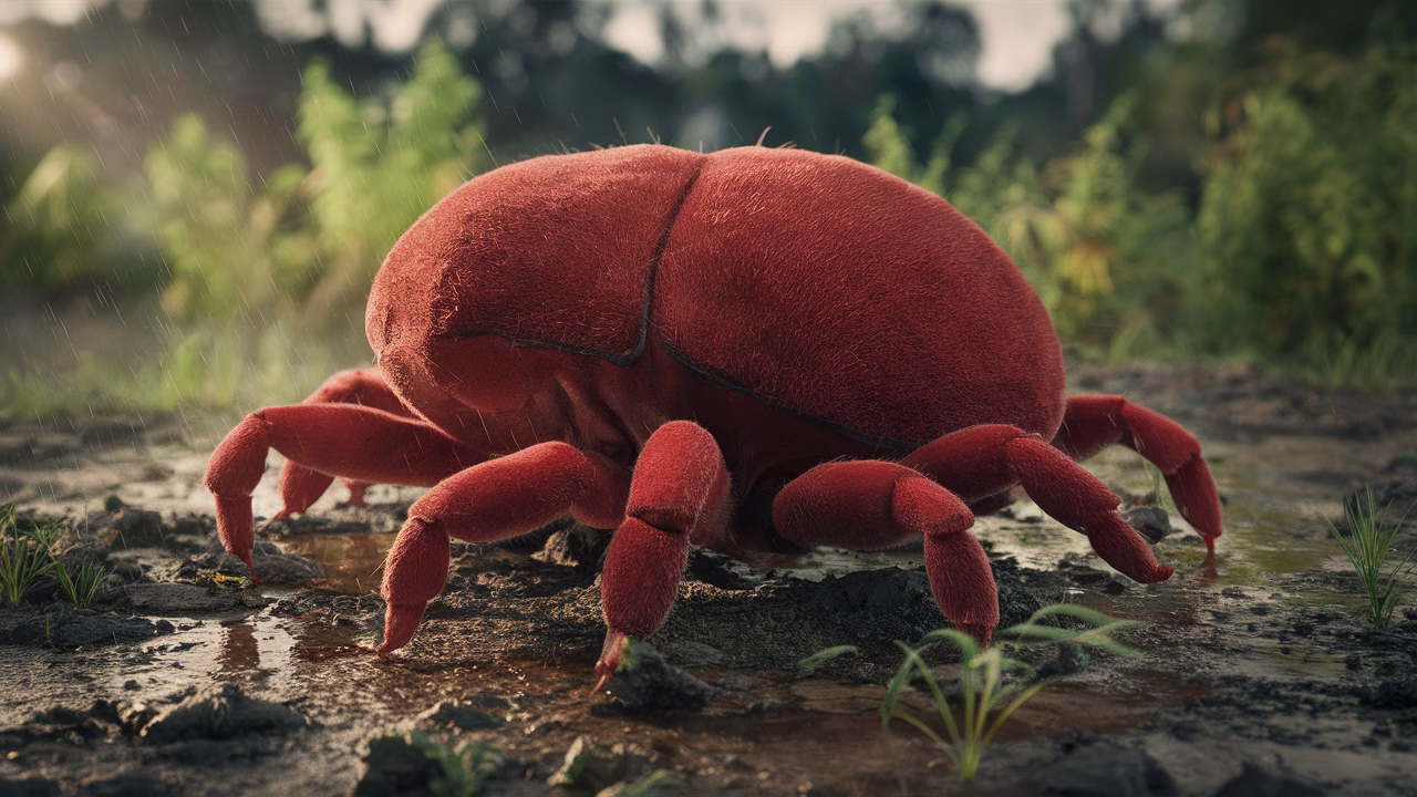 Giant red velvet mite on soil Red velvet mite crawling on soil