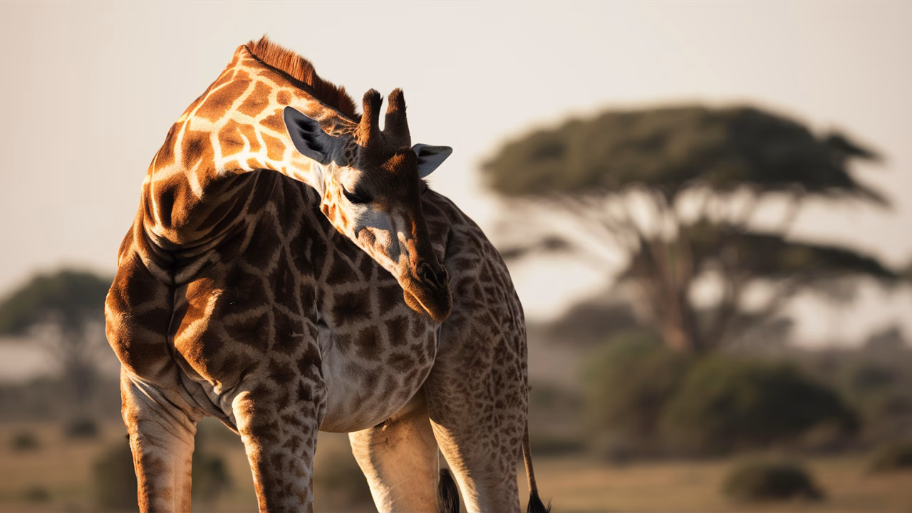 Giraffe nap standing in savanna Giraffe taking a short nap standing