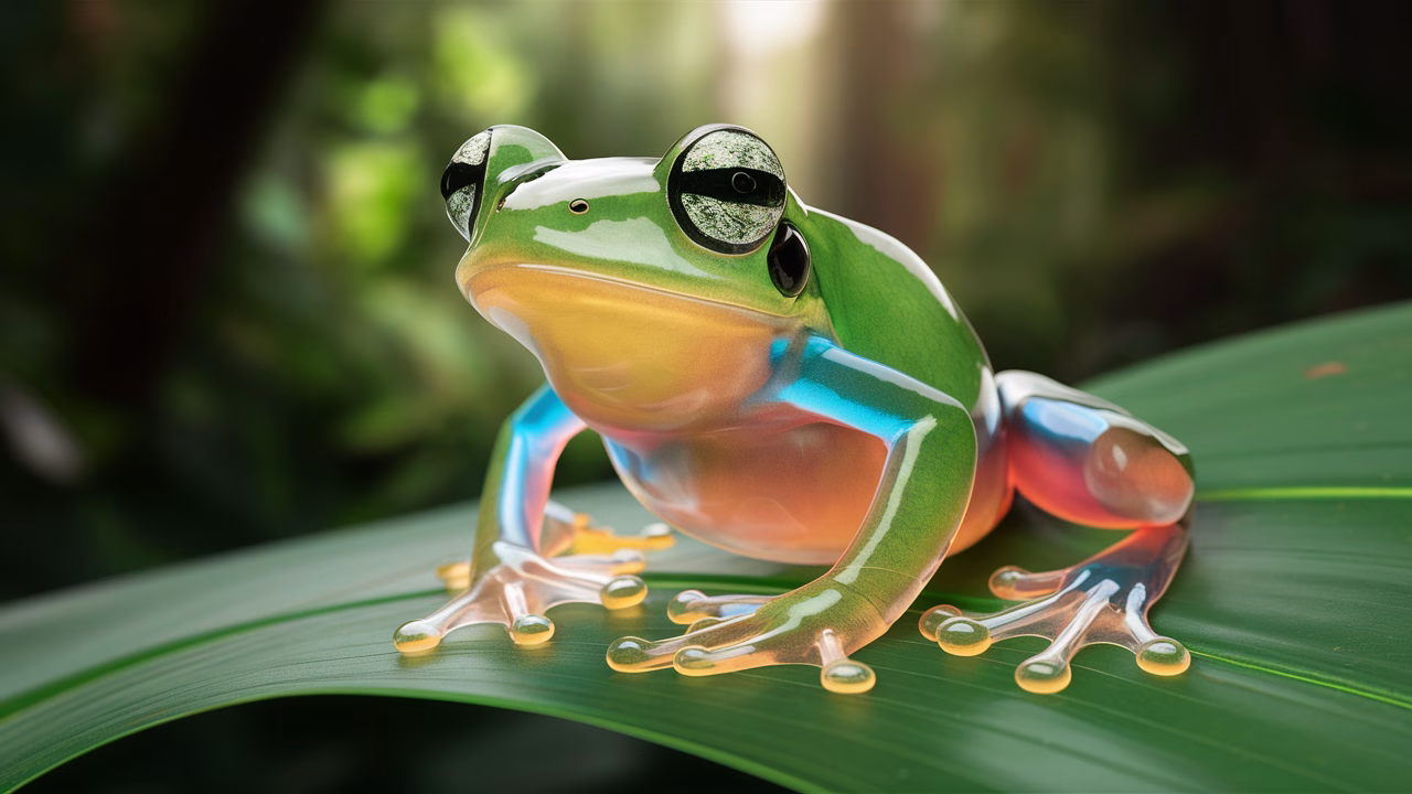 Glass frog showing abdominal transparency Transparent glass frog on a leaf