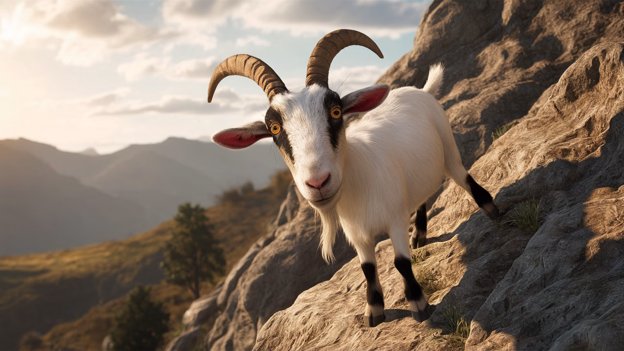 Goat with bewildered face on rocky cliff bewildered goat on mountain