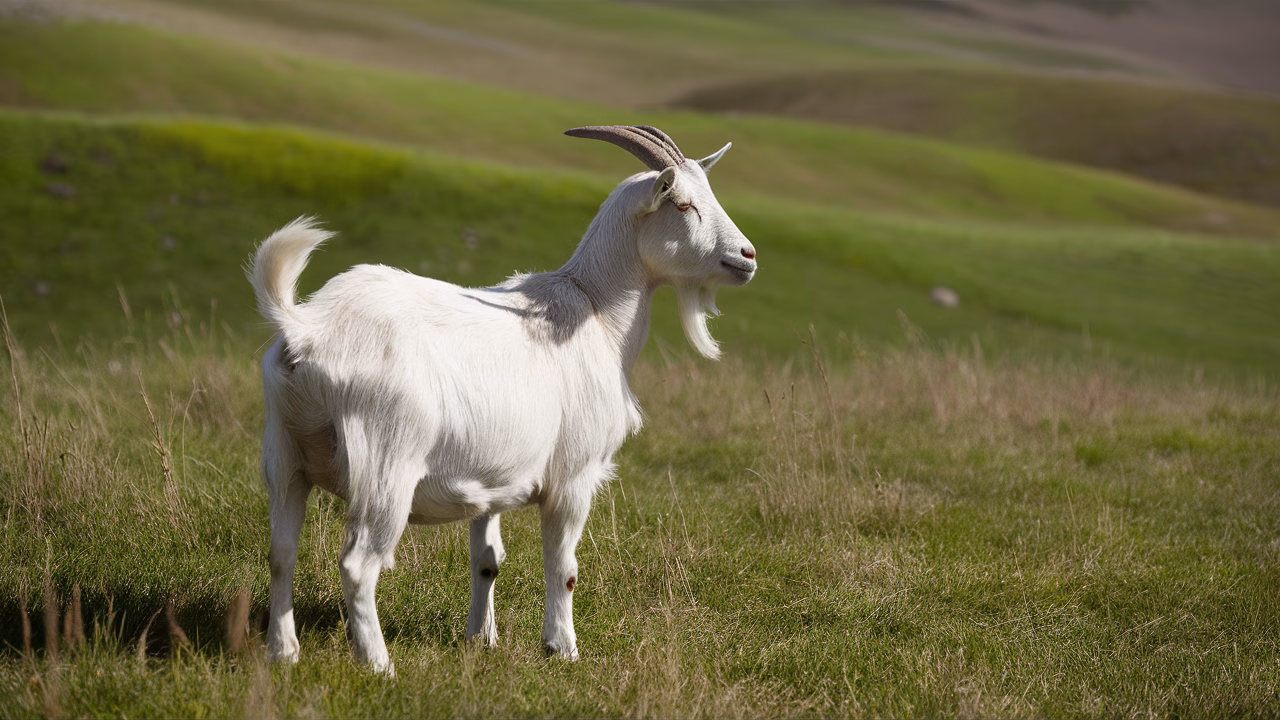 Goat using peripheral vision in field A goat looking out over a field