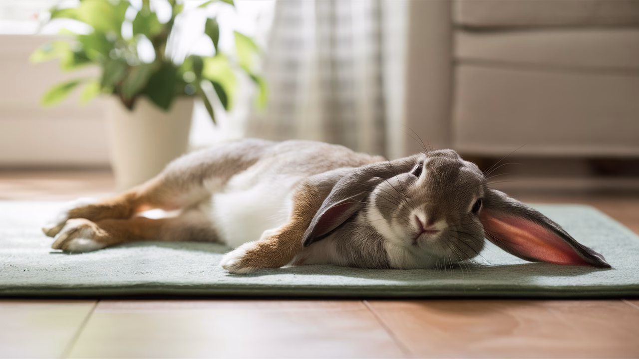 Happy rabbit laying on its side comfortably happy rabbit body language