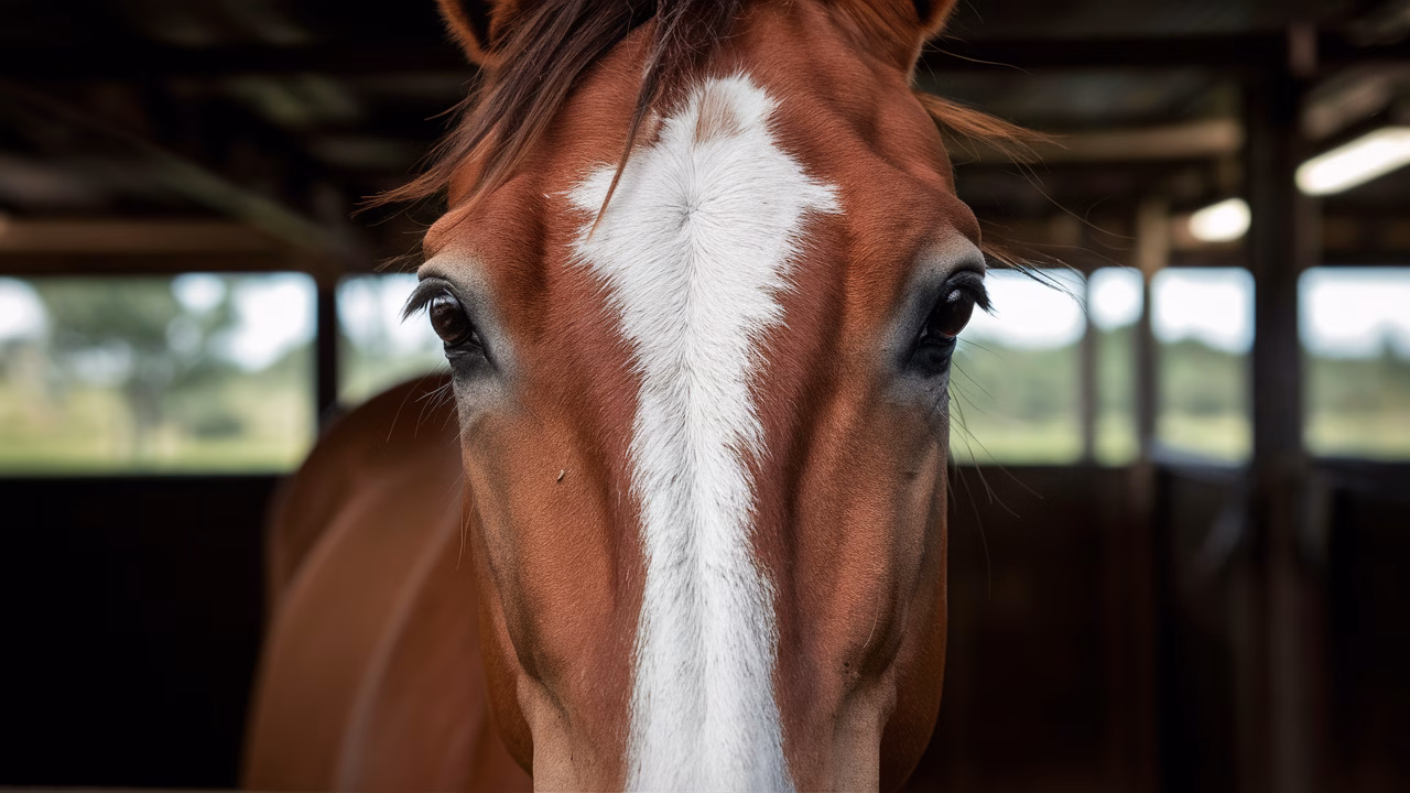 Horse face close-up with alert eyes and ears