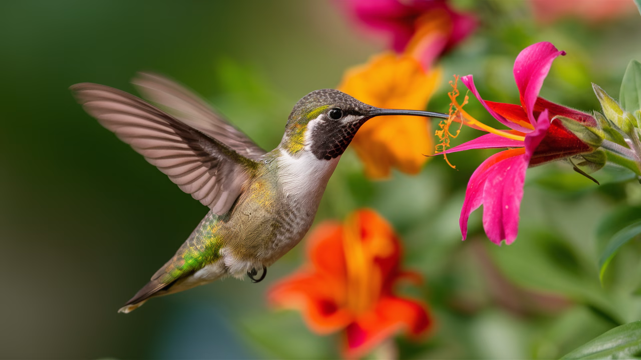 Hummingbird with impressive memory Hummingbird hovering near flower