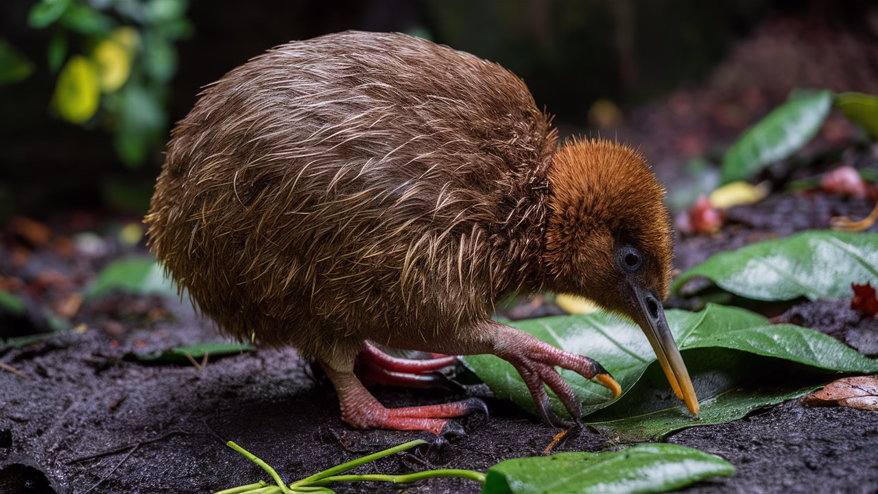 Kiwi bird foraging in forest floor Kiwi bird foraging in forest floor