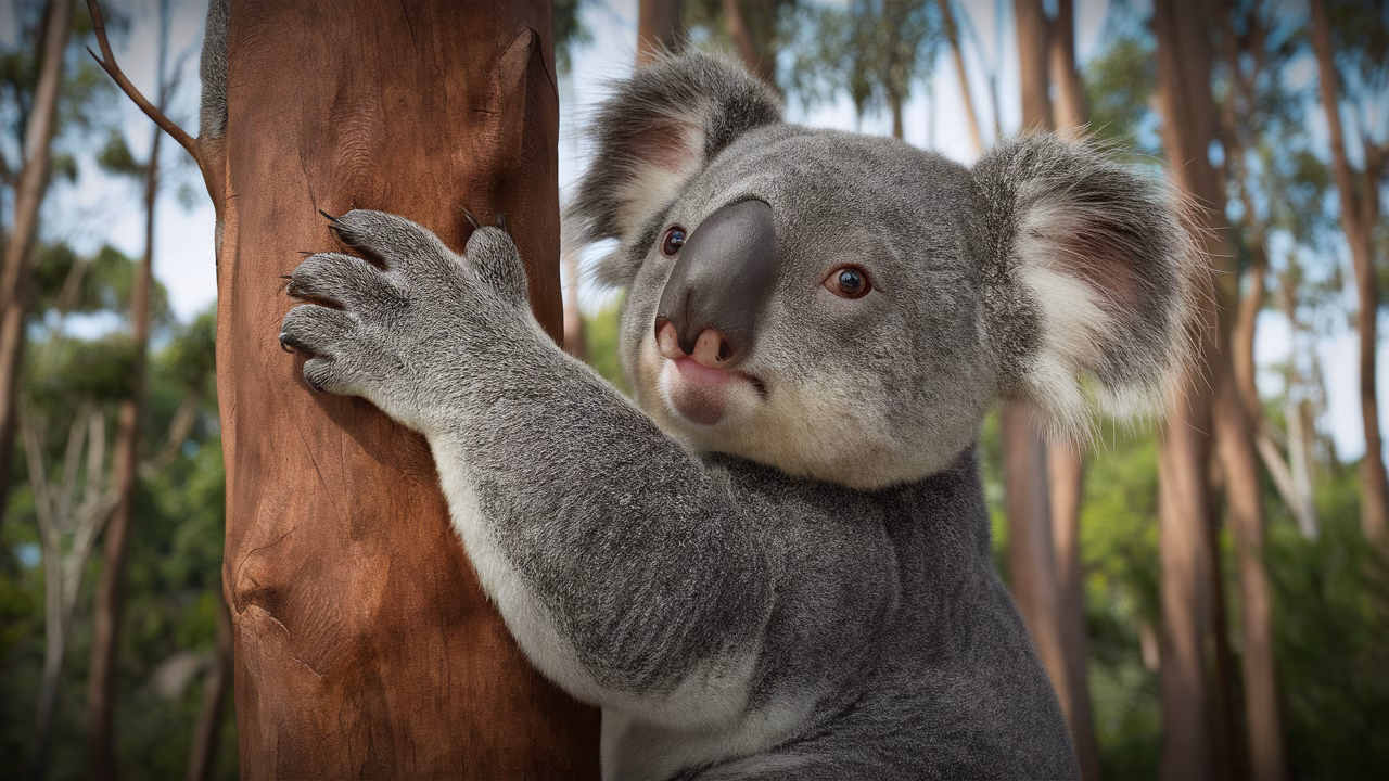 Koala Koala gripping eucalyptus tree