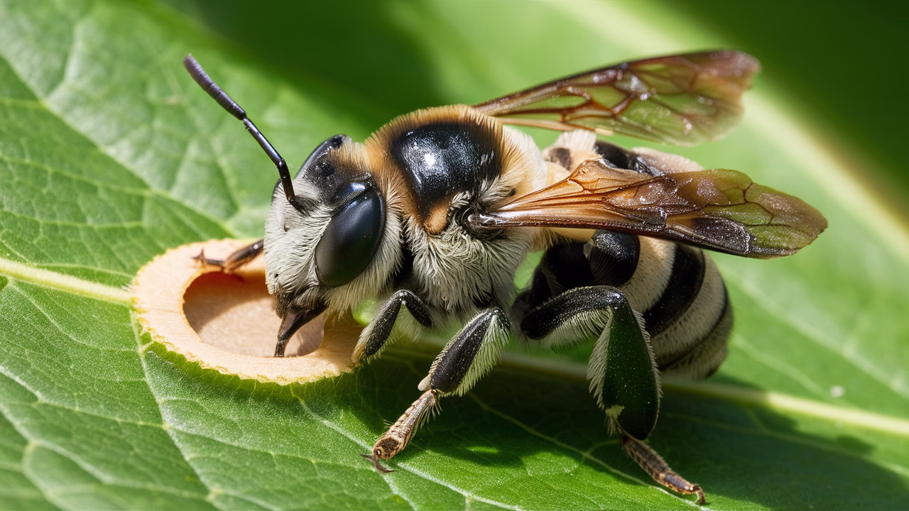 Leafcutter bee gathering leaf pieces Leafcutter bee collecting leaves