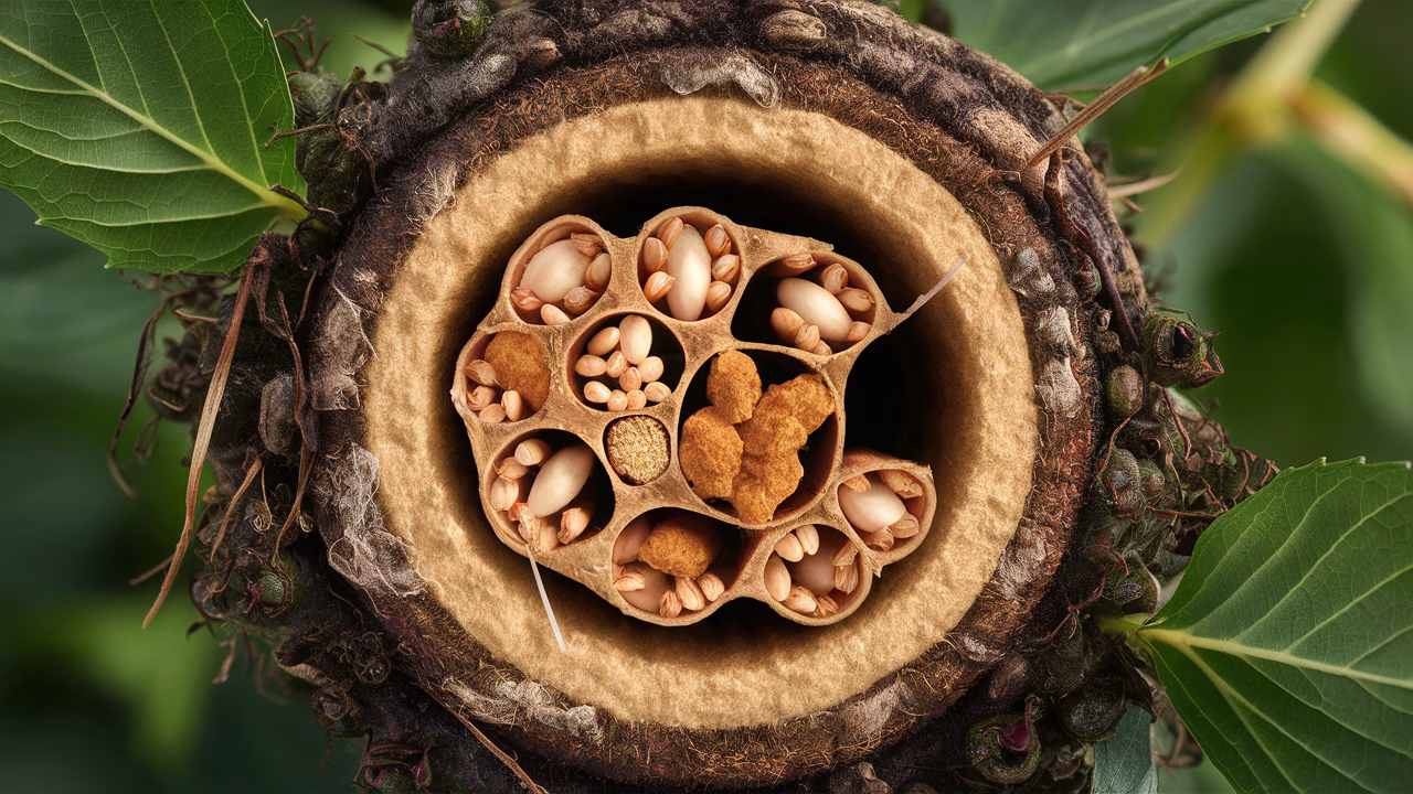 Leafcutter bee nest structure Bee nest made from leaf pieces