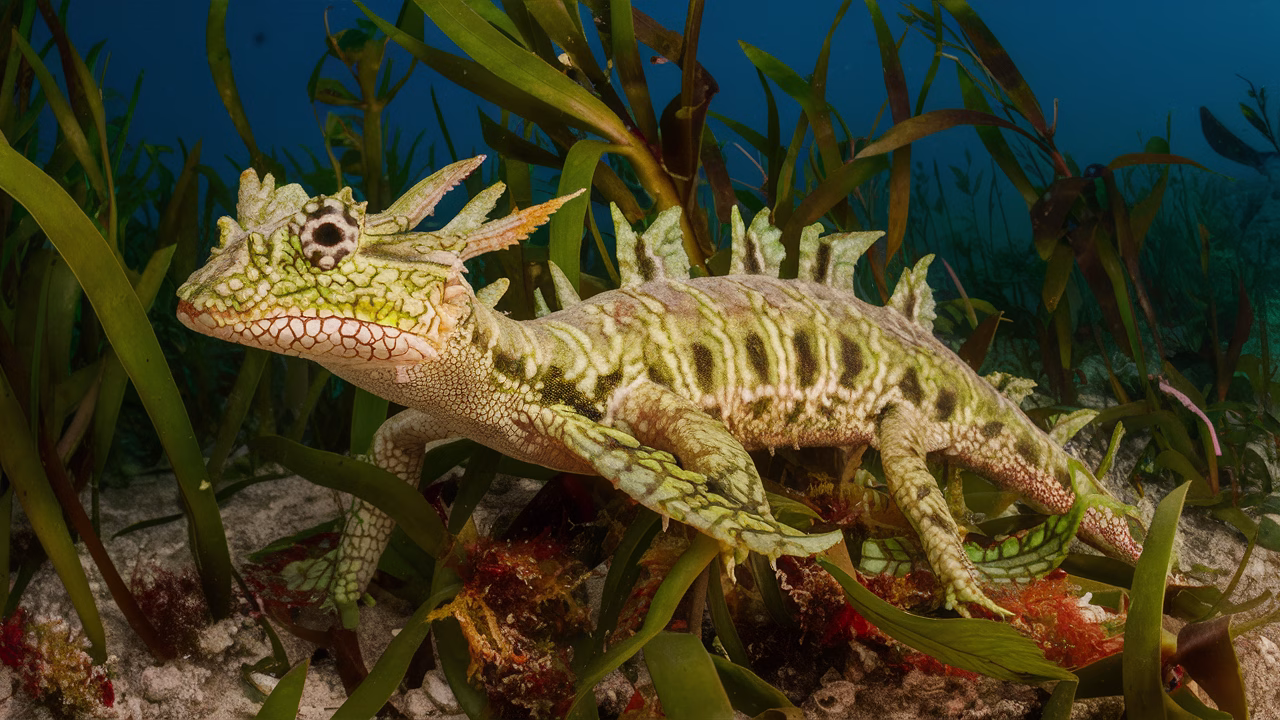 Leafy seadragon blending with ocean plants Leafy seadragon camouflaged in seaweed