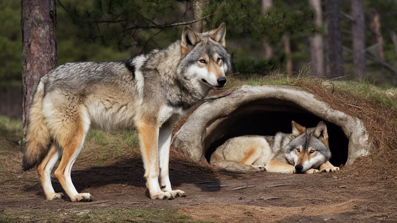 Male wolf guarding the den Male wolf near den