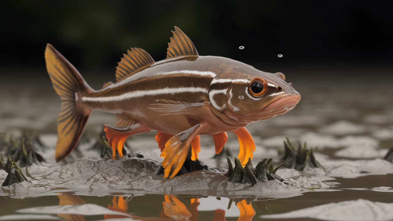 Mudskipper using fins to walk on mud Fish walking on land