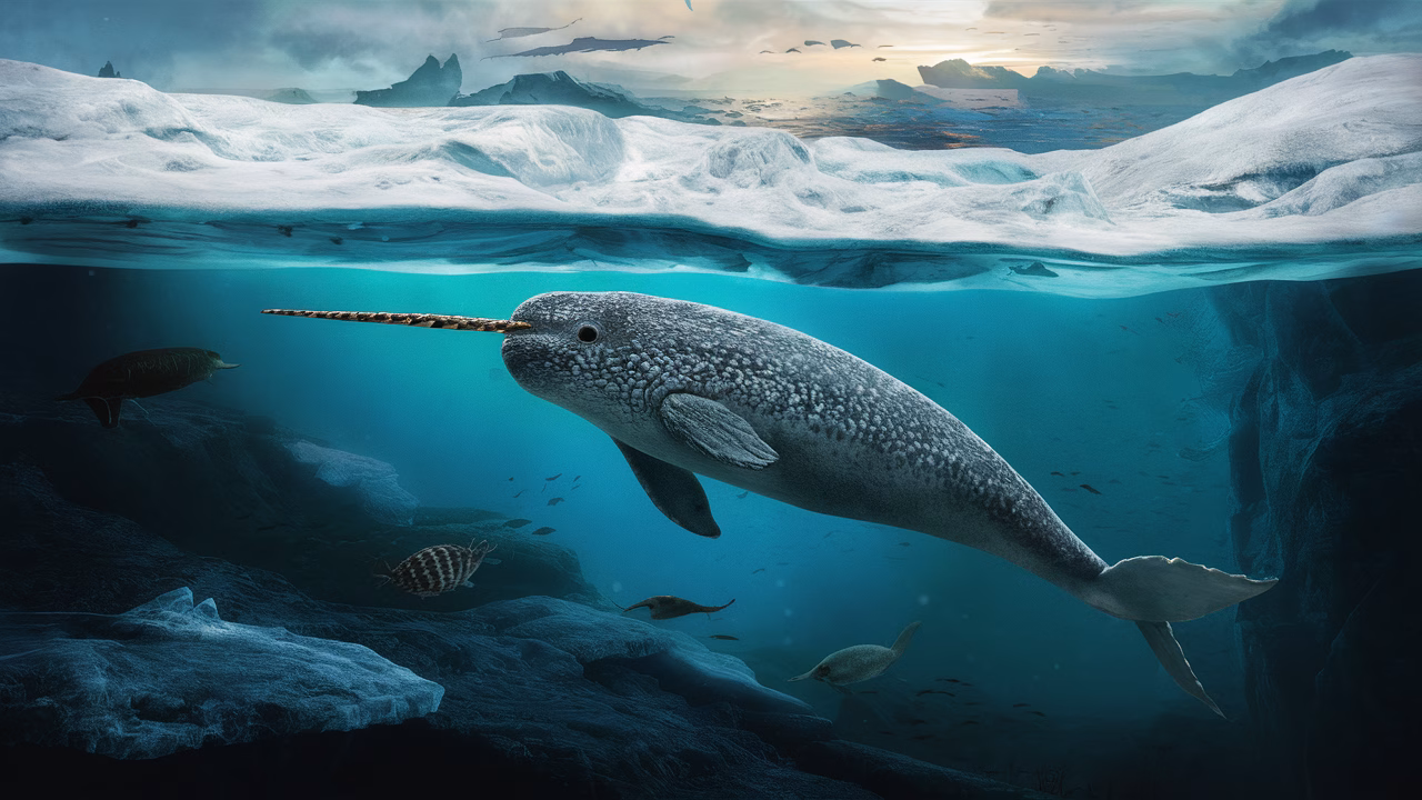 Narwhal diving under Arctic ice Narwhal diving deep under Arctic ice