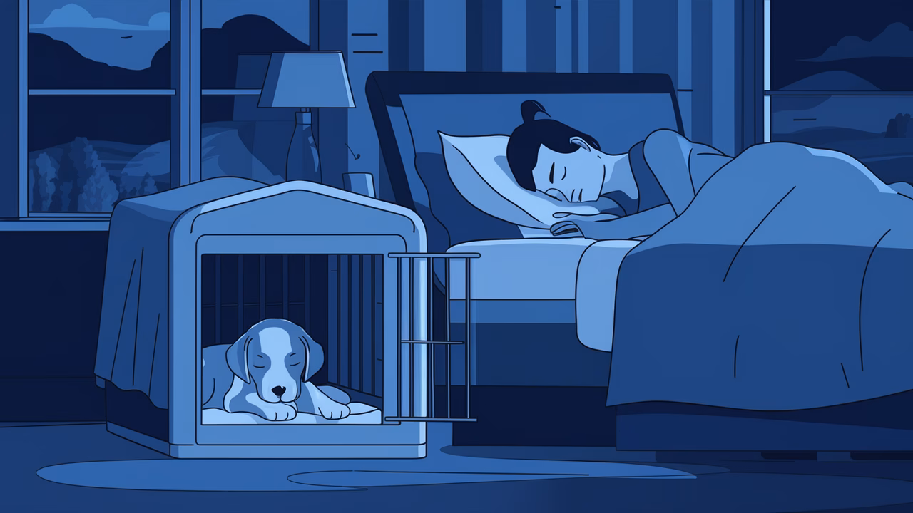 Nighttime crate training strategy puppy-crate-near-bed