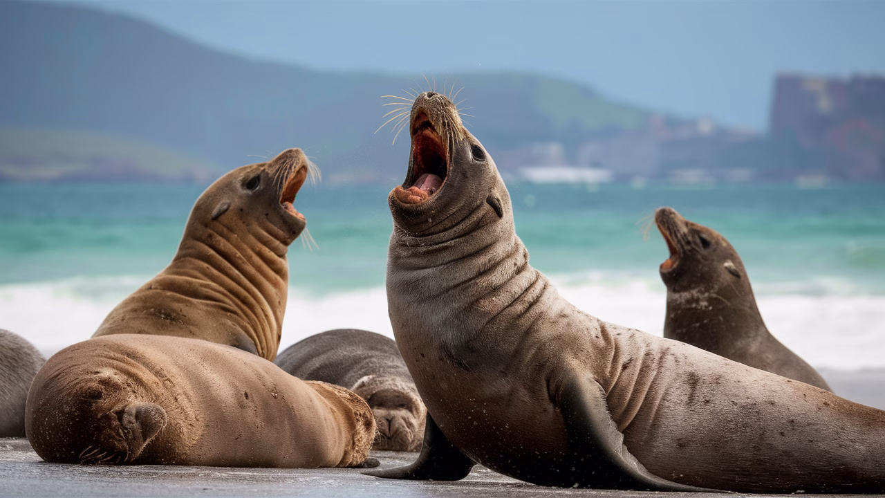 Seal's battle cry on coastal sands Northern elephant seal vocalizing