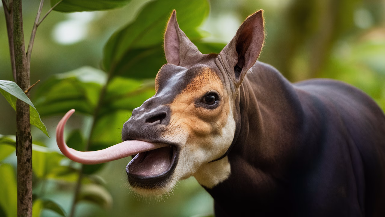 Okapi using tongue to clean its eye okapi tongue cleaning its eye
