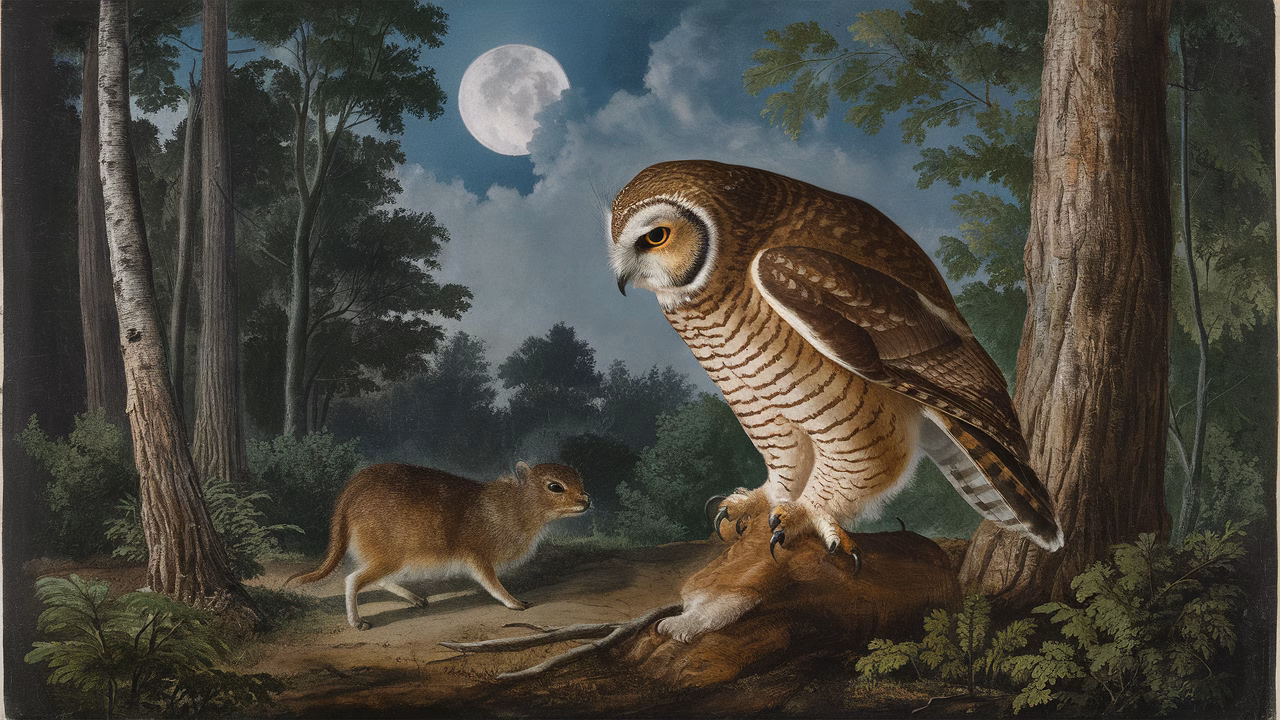 Owl detecting prey in the dark Owl hunting mouse in moonlight
