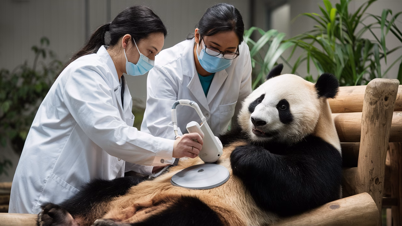 Keepers observing panda ultrasound Keepers observing panda ultrasound