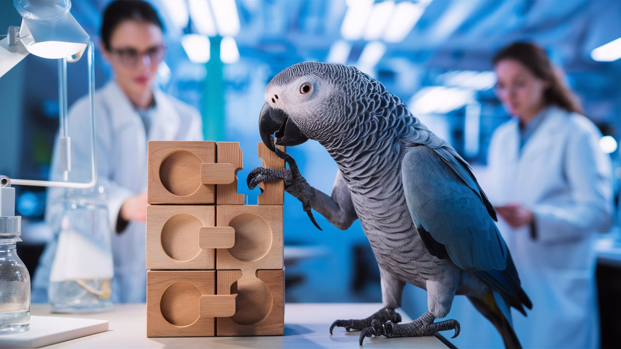 Parrot engaging in advanced problem-solving Parrot solving puzzle
