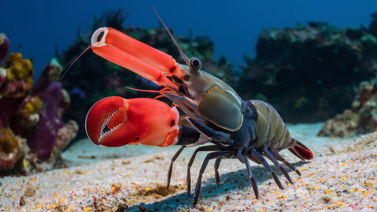 Pistol shrimp with snapping claw in marine sand Pistol shrimp close-up claw