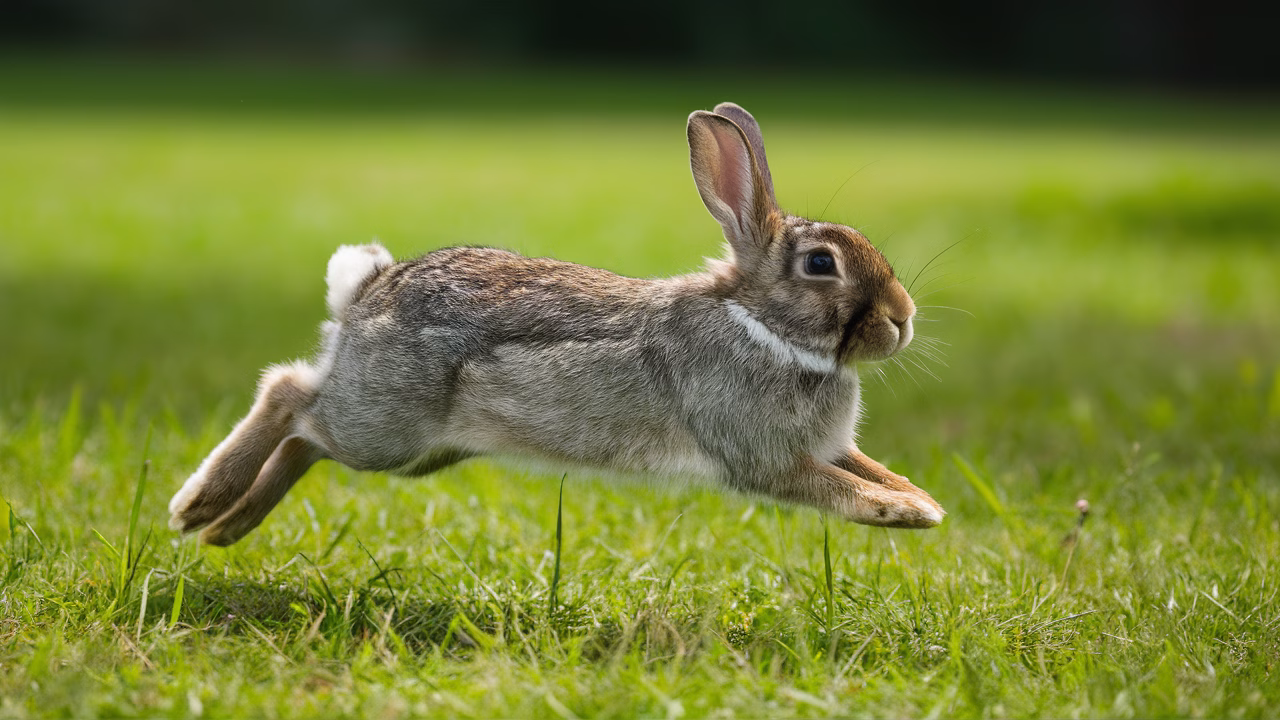 Rabbit expressing happiness while binkying Rabbit jumping in a field