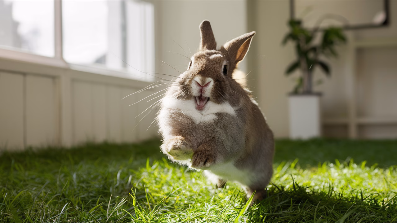 Rabbit doing a binky mid-air