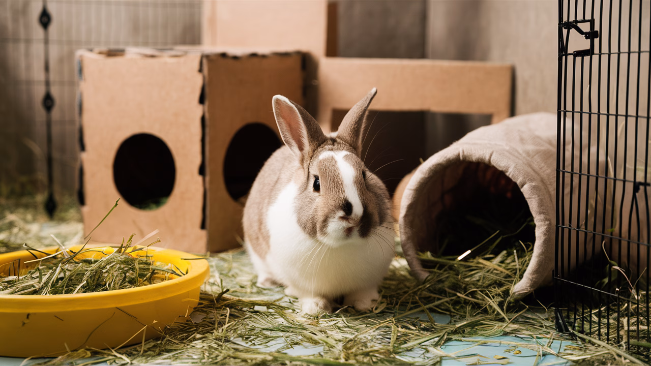Spacious rabbit habitat with enrichment Rabbit habitat with toys