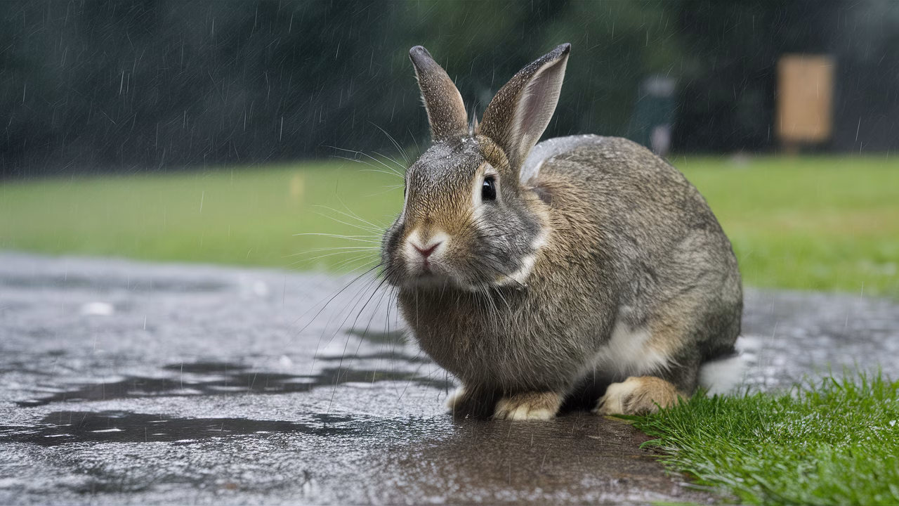 Domestic rabbit without wild shelter Rabbit exposed to rain with no shelter
